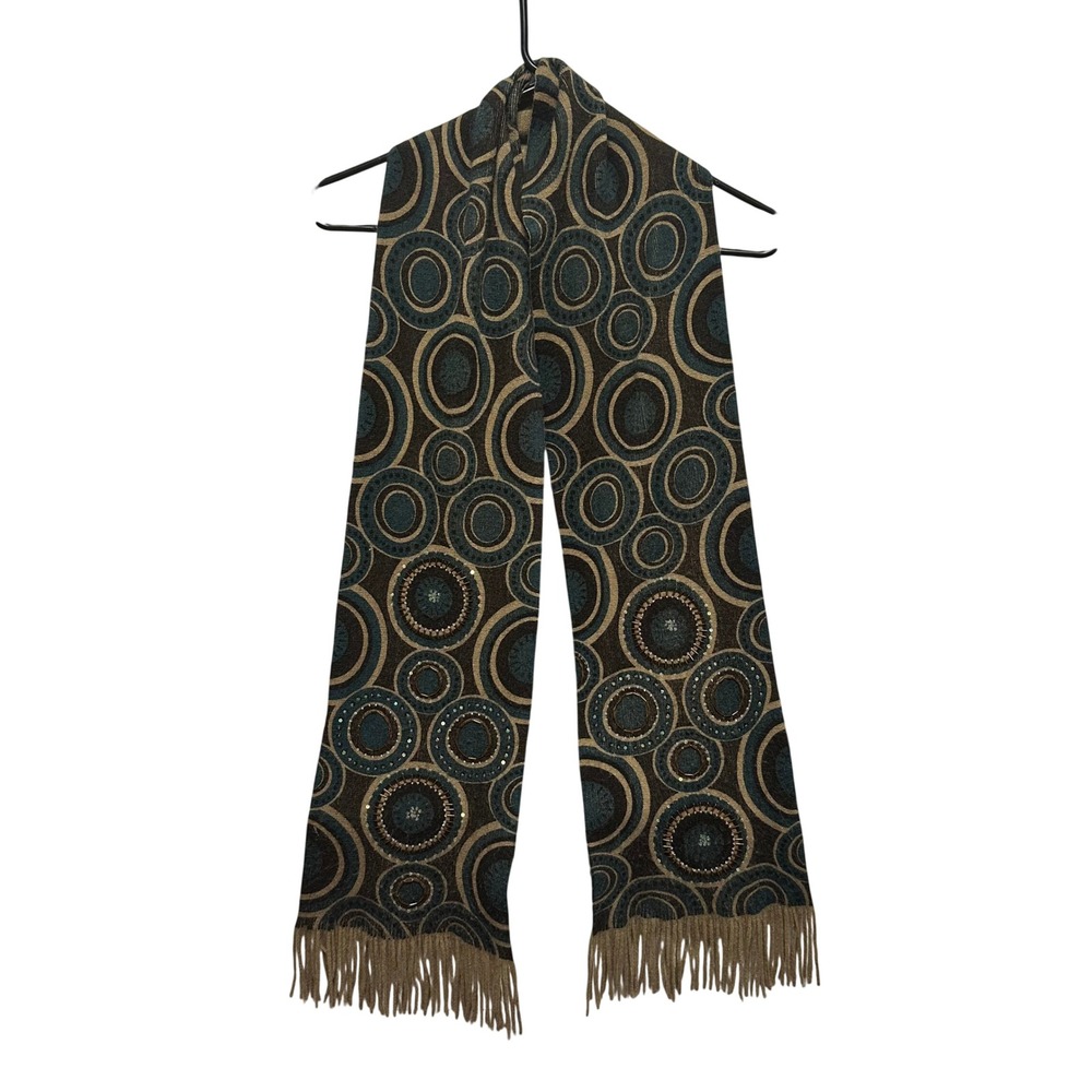 ECHO Scarf Women's Geometric Circle Pattern Fringe Acrylic Brown Teal Statement